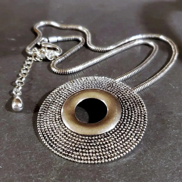 Avant Garde Mid Century Style Silver Dotted Round Pendant Statement Necklace